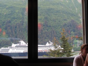 Inside the Pub, we are looking out onto Gastineau Channel - one of 5 cruise ships leaving